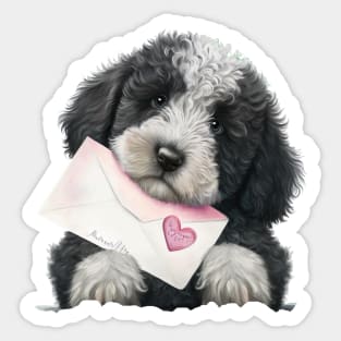 Valentines sheepadoodle pup with a love letter - for your dog-loving valentine Sticker